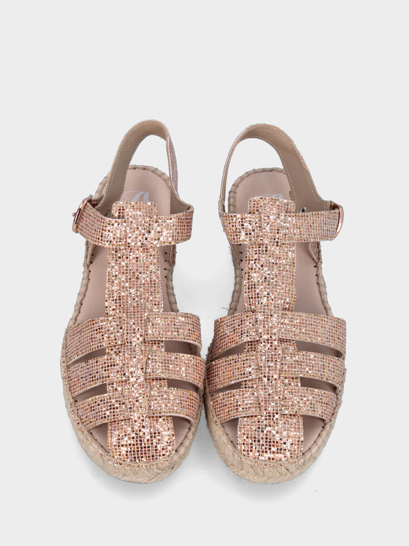 Espadrillas nude in glitter con fascette intrecciate