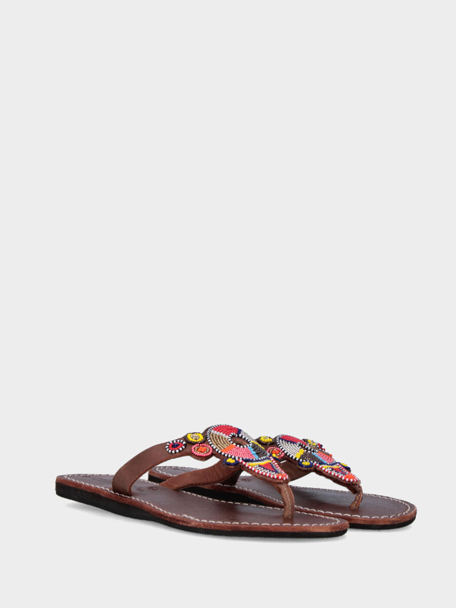 Dark brown thong sandal with multicolor beads