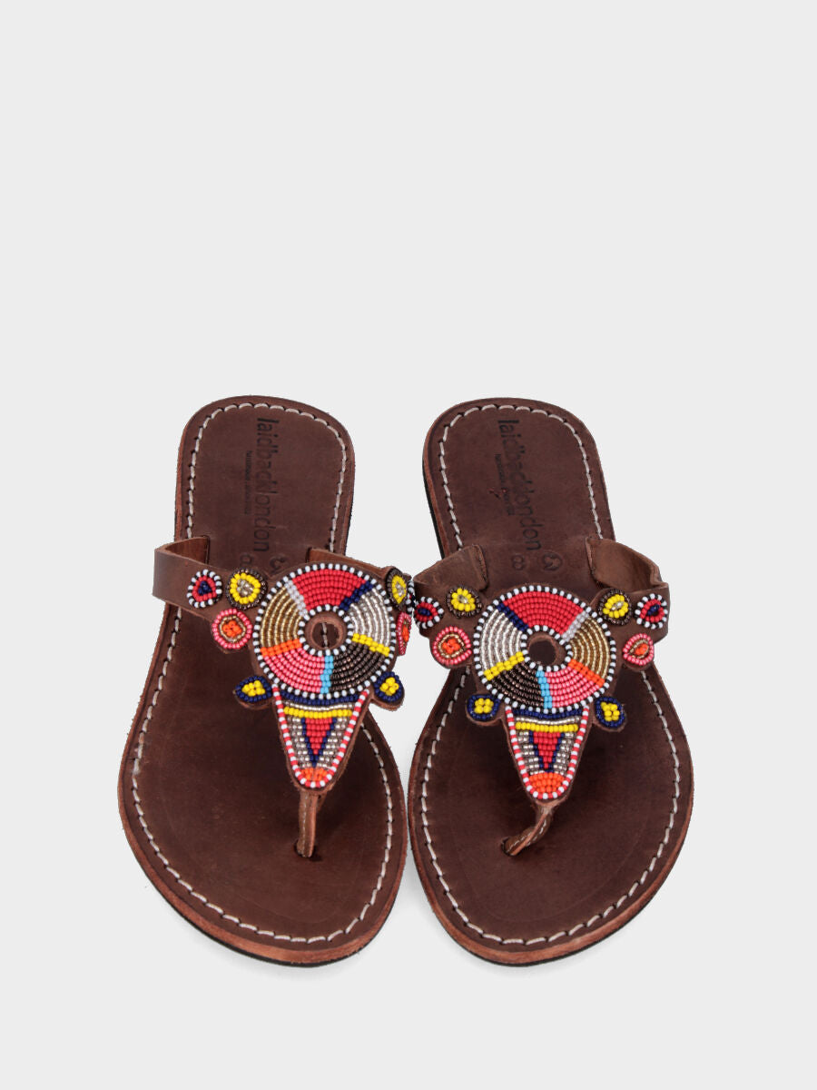 Dark brown thong sandal with multicolor beads