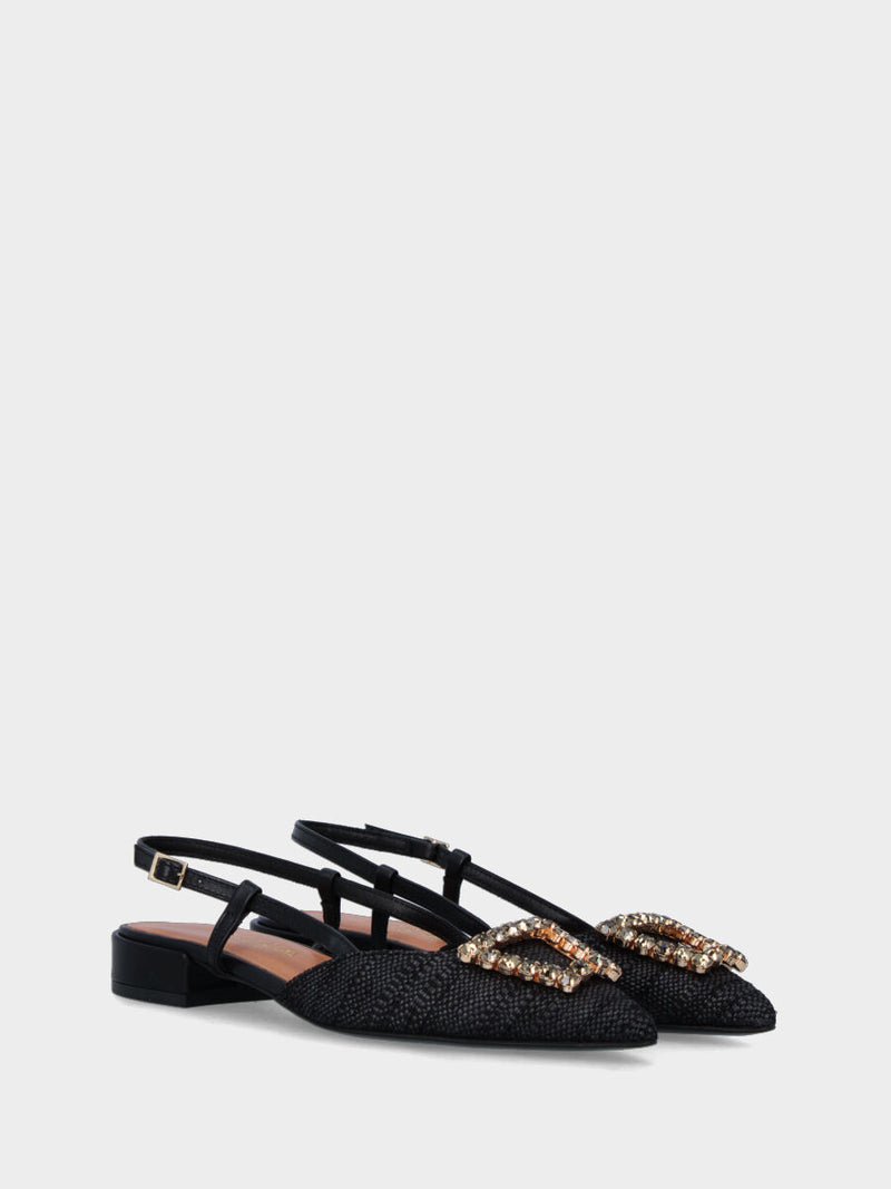 Slingback nera in rafia con trapezio di cristalli