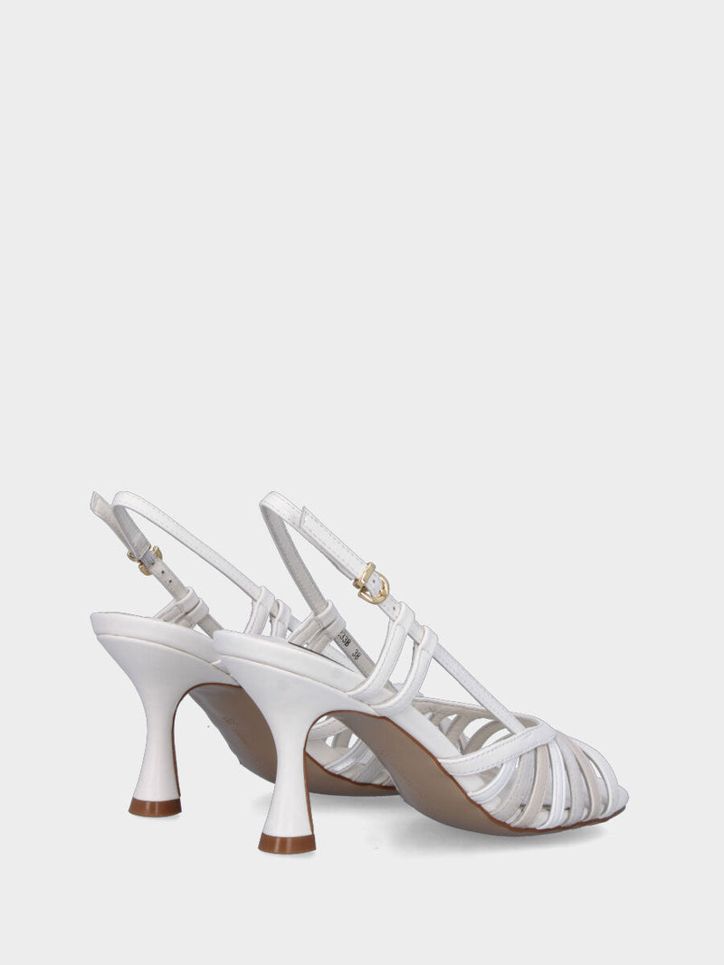 Sandalo bianco in pelle con listini paralleli colorati