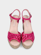 Sandalo fucsia in pelle con paillettes e zeppa in corda