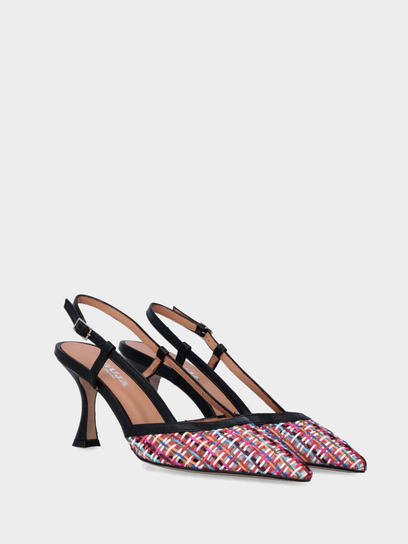 Slingback nera in pelle con tomaia intrecciata multicolor