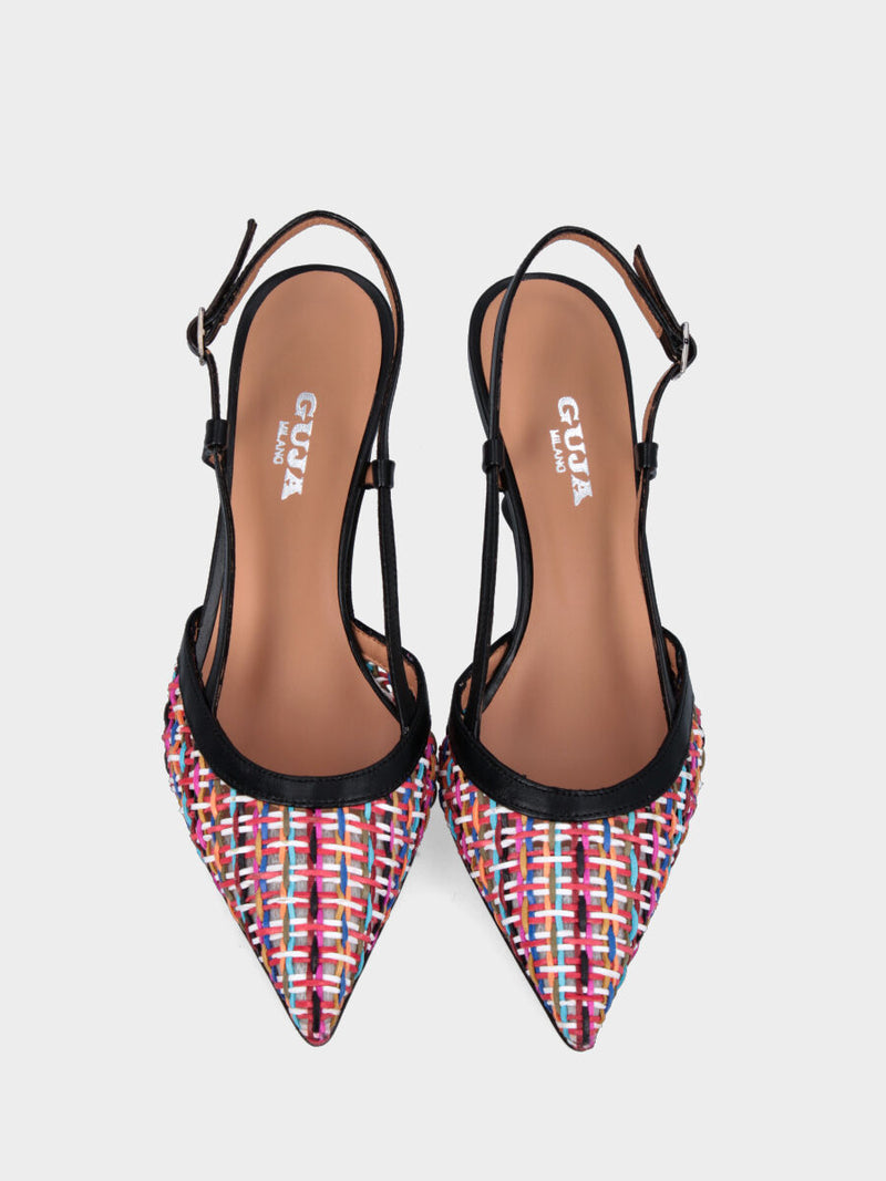 Slingback nera in pelle con tomaia intrecciata multicolor