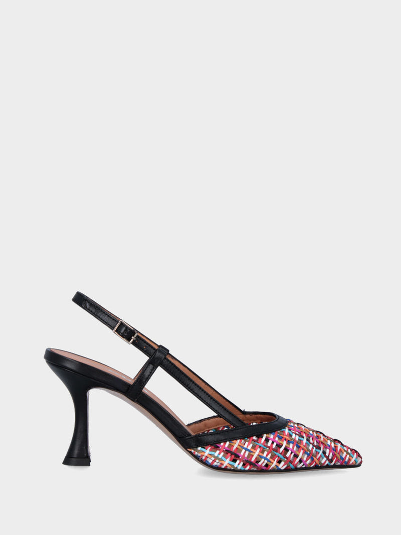 Slingback nera in pelle con tomaia intrecciata multicolor