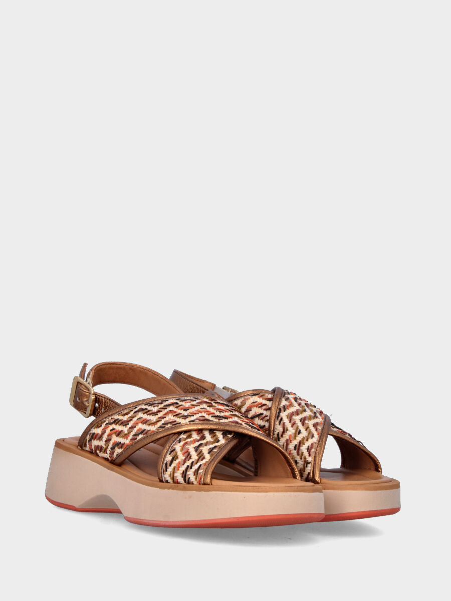 Sandale bronze en raphia à brides croisées avec semelle ondulée