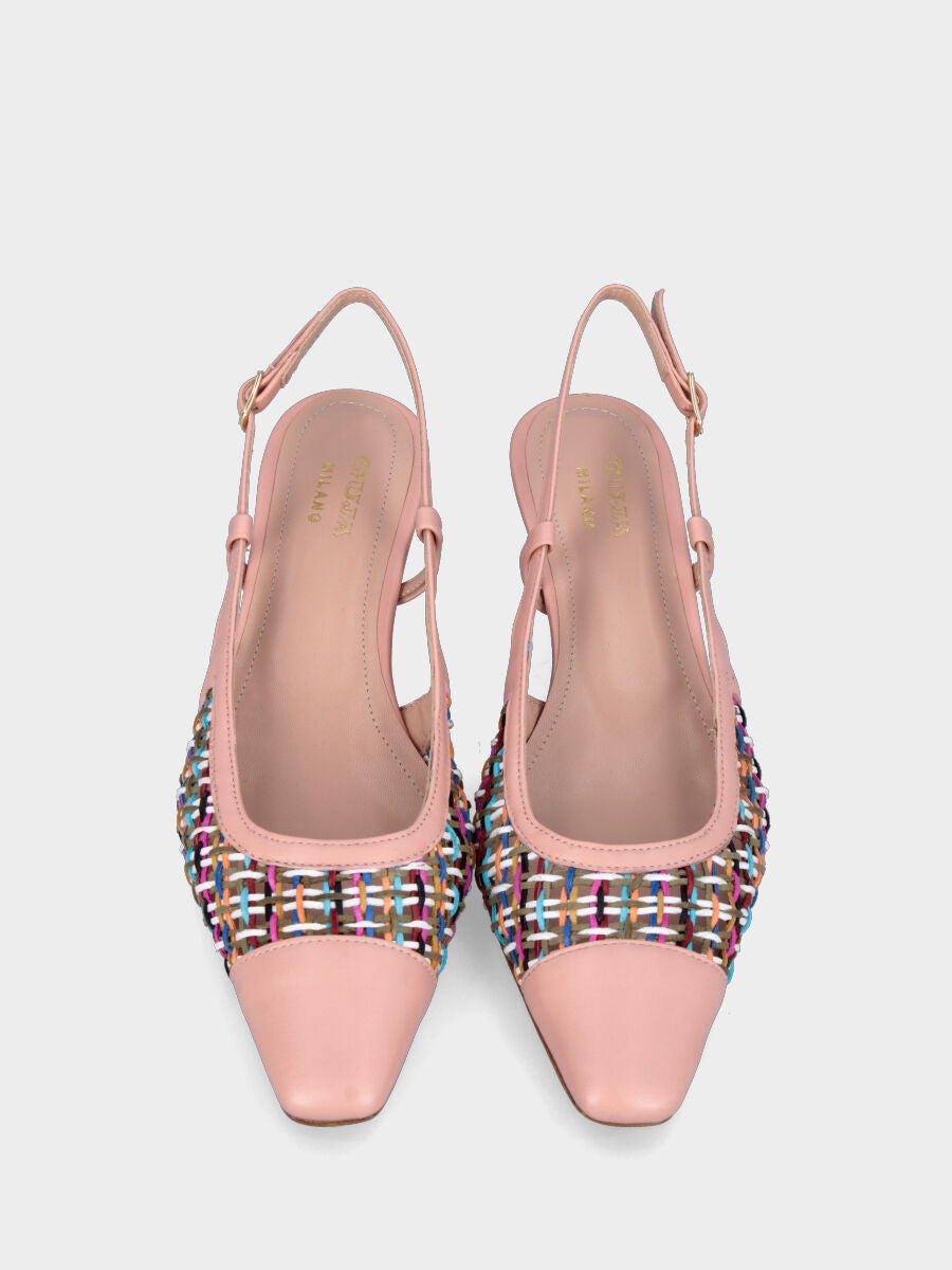 Nude leather slingback with multicolored thread upper