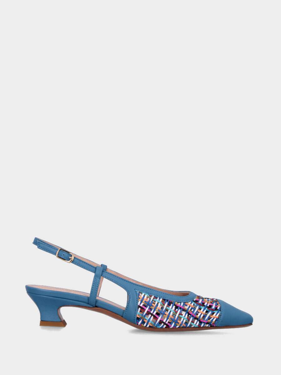 Slingback azzurra en cuir avec tige en fils colorés à bout fermé