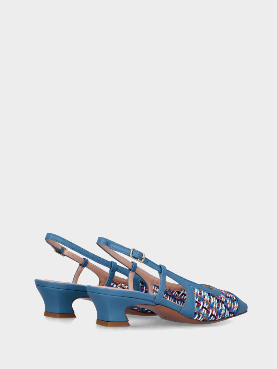 Slingback azzurra en cuir avec tige en fils colorés à bout fermé