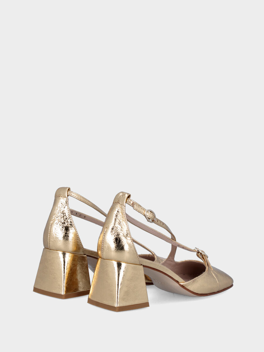 Décolleté oro in pelle laminata con cinturini incrociati