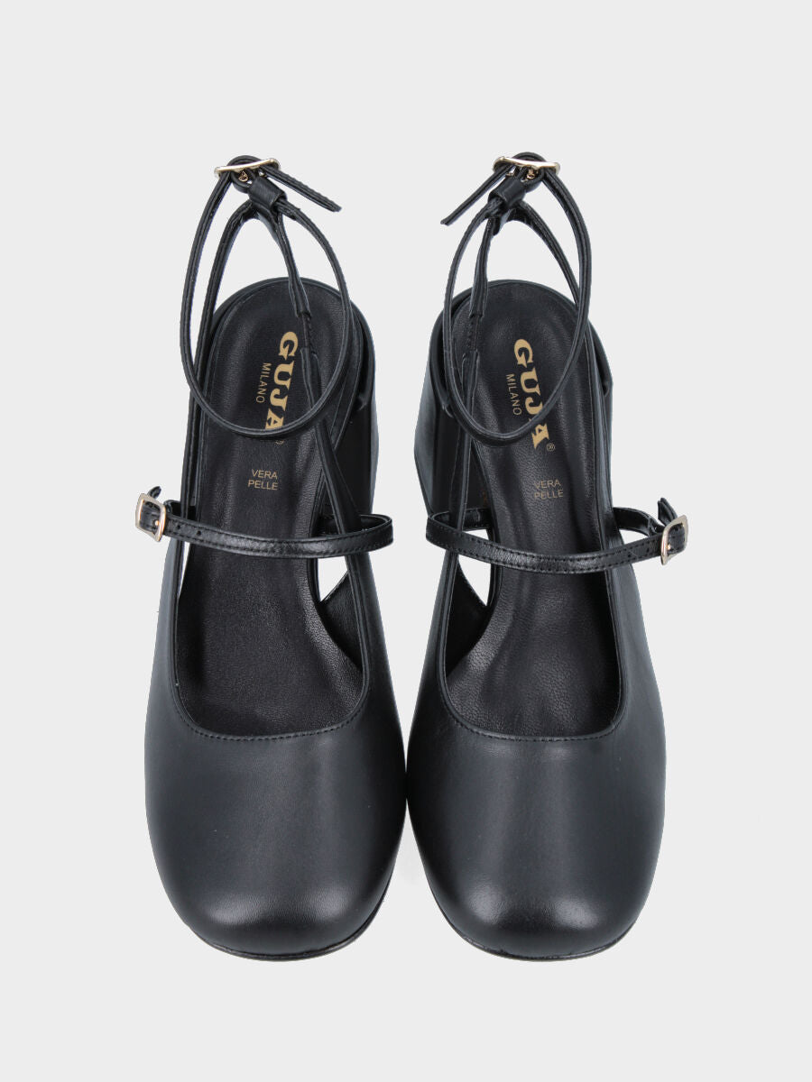 Slingback nera in pelle a punta tonda con cinturino alla caviglia