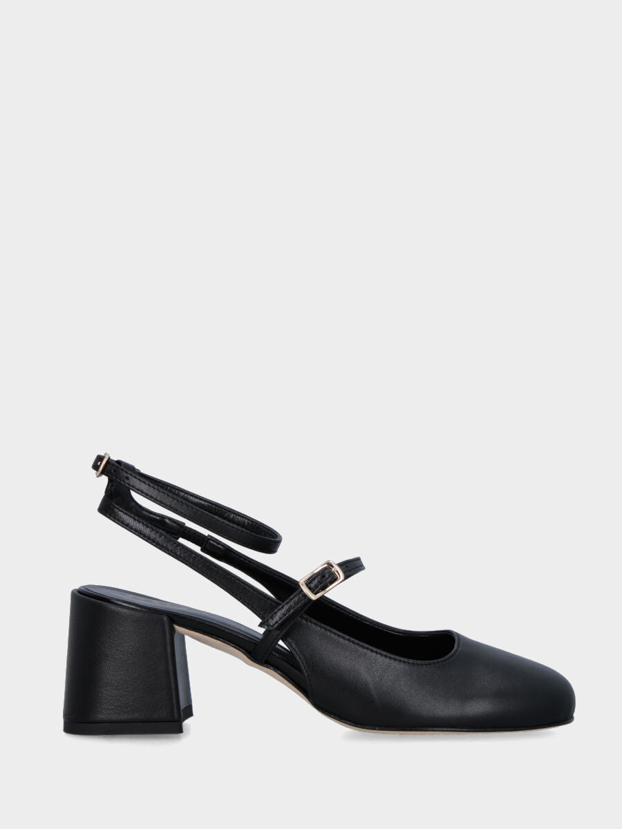 Slingback nera in pelle a punta tonda con cinturino alla caviglia