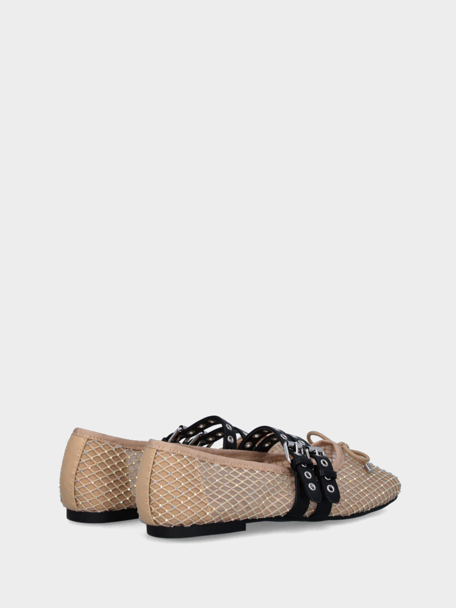 Ballerina beige aus Stoff mit Netzobermaterial, Strasssteinen und Riemchen
