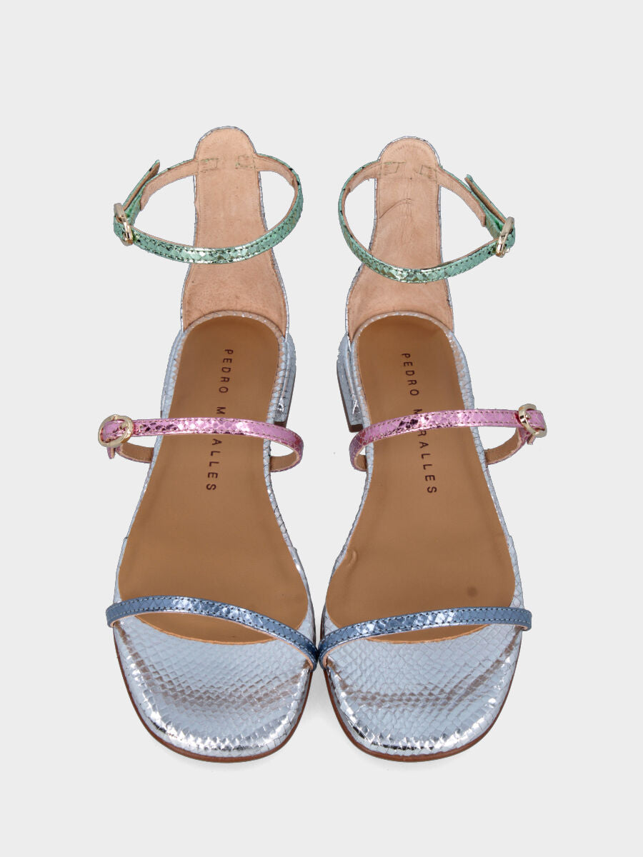 Multicolor silver sandal laminated in python print