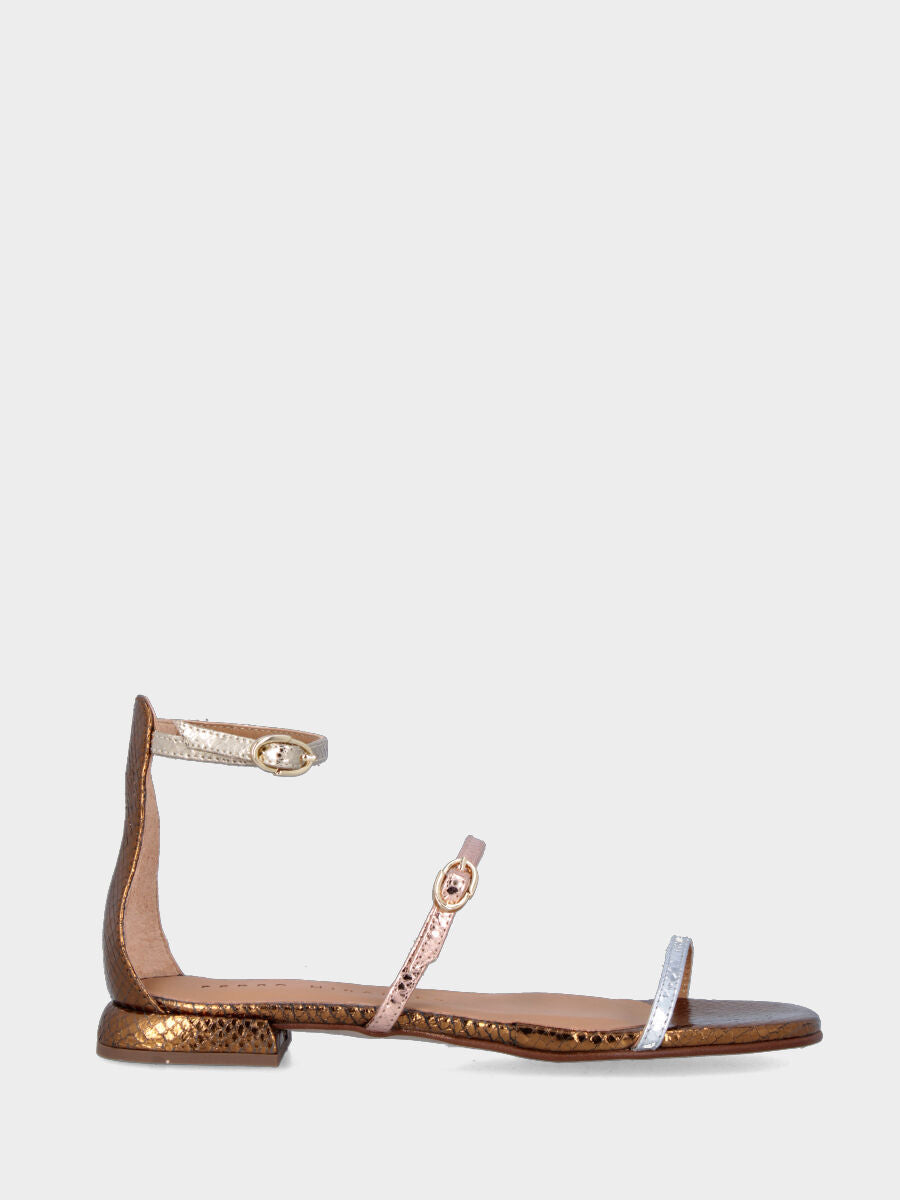 Multicolor bronze sandal laminated in python print