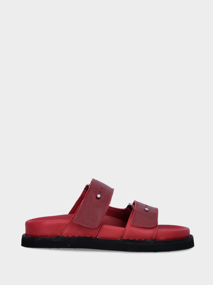 Red leather ciabatta with double velcro strap