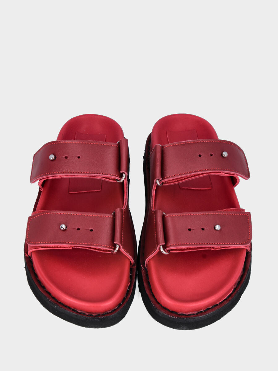 Red leather ciabatta with double velcro strap