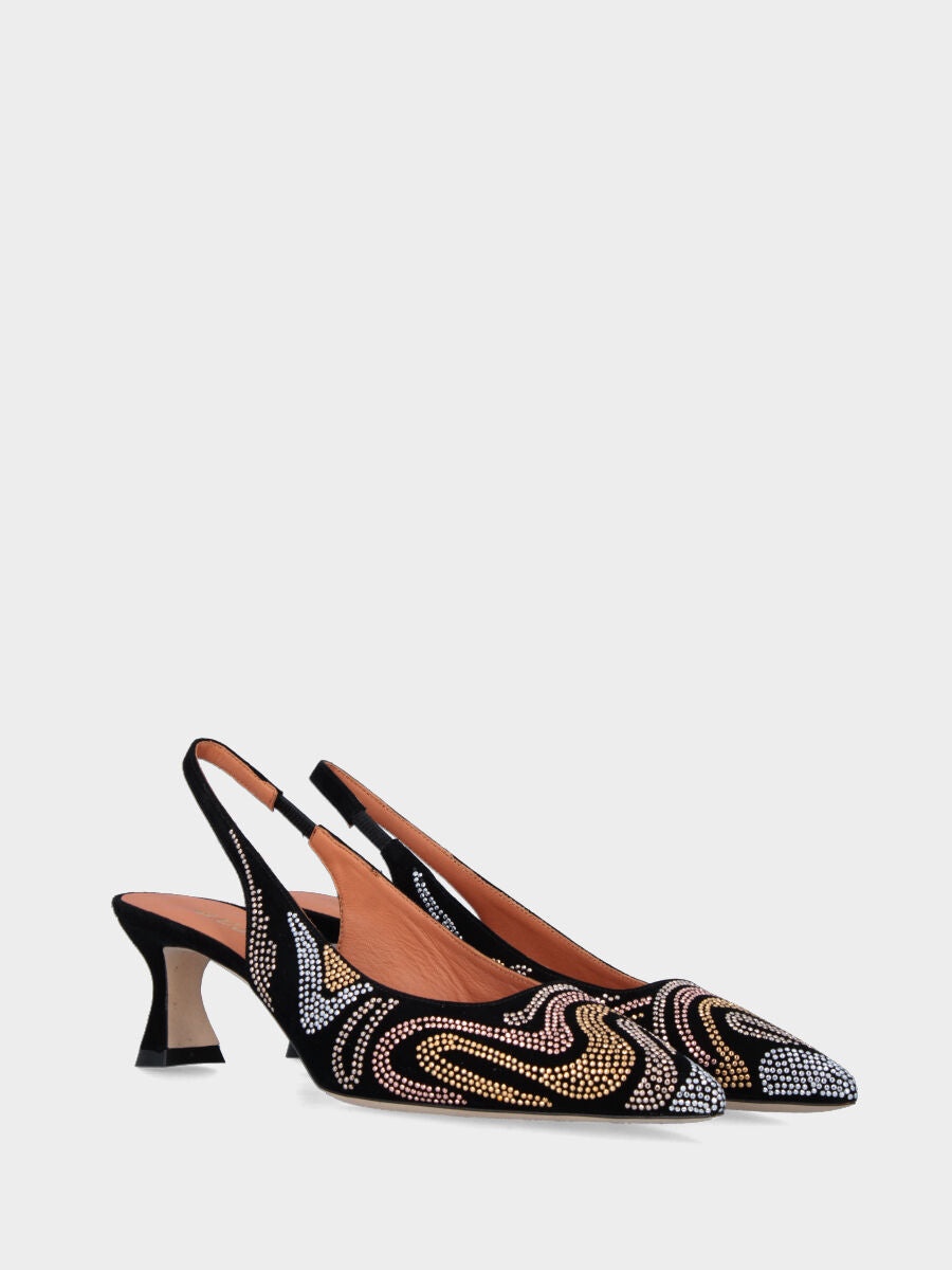 Slingback noir en cuir avec inserts ondulés de paillettes