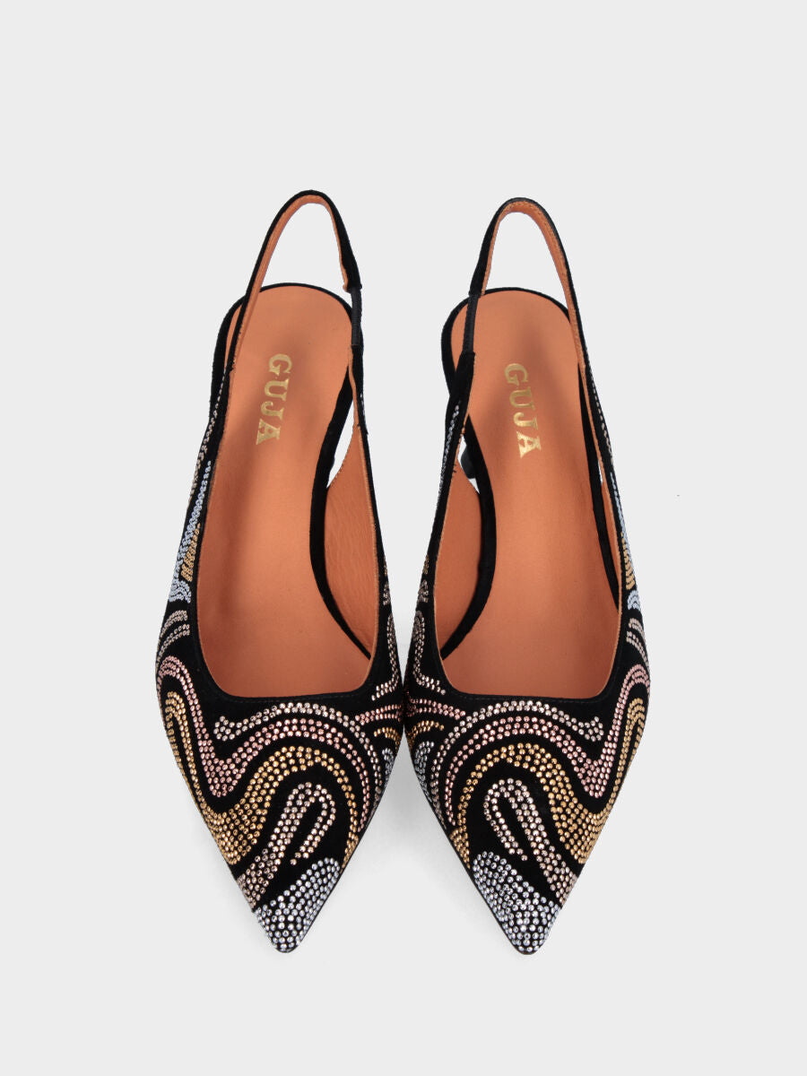 Slingback noir en cuir avec inserts ondulés de paillettes