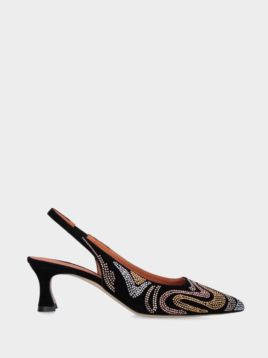 Slingback noir en cuir avec inserts ondulés de paillettes