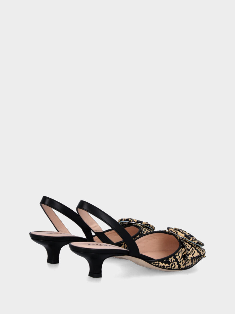 Slingback beige e nera in rafia con fantasia a scacchi