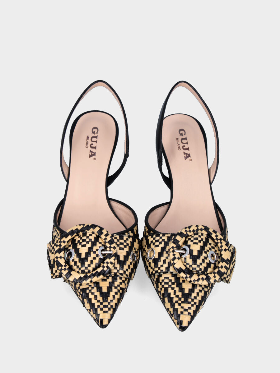 Slingback beige e nera in rafia con fantasia a scacchi