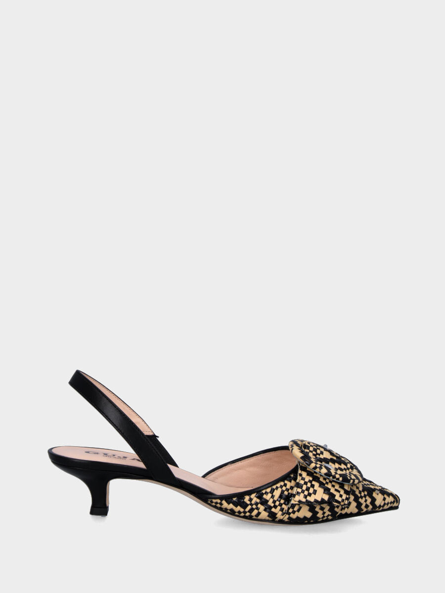 Slingback beige e nera in rafia con fantasia a scacchi