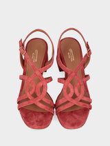 Sandalo rosso in pelle con listini incrociati curvi e tacco largo