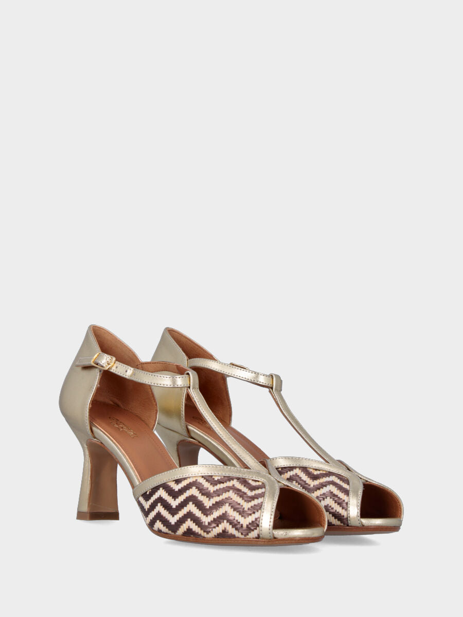 Décolleté modello charleston platino in pelle laminata con intreccio