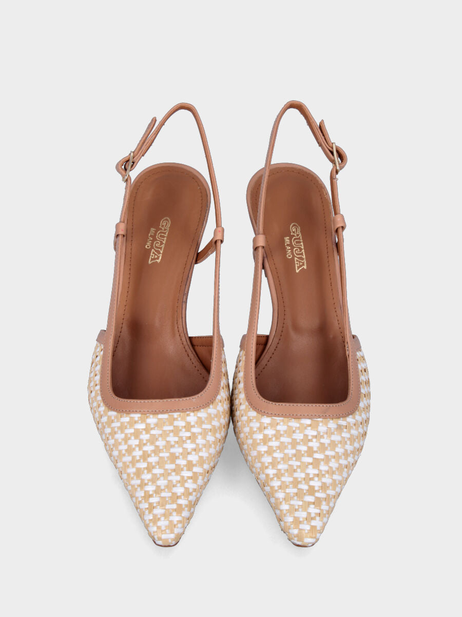 Slingback beige in pelle con tomaia intrecciata bicolore