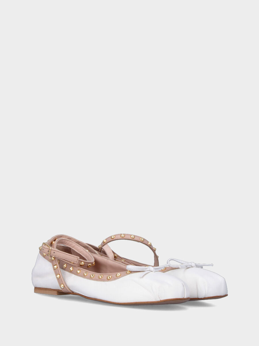 White leather ballet flat with studs and ankle strap