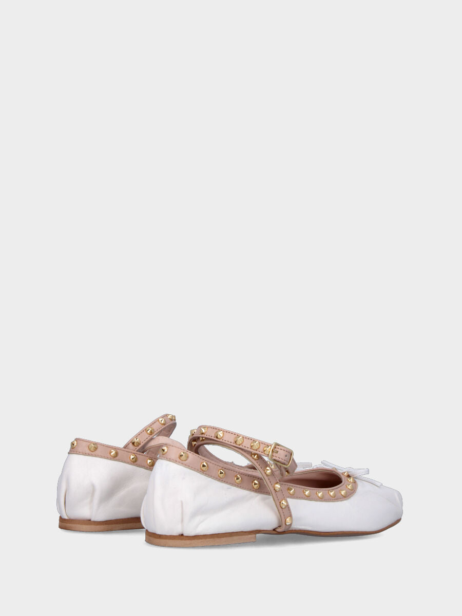 White leather ballet flat with studs and ankle strap