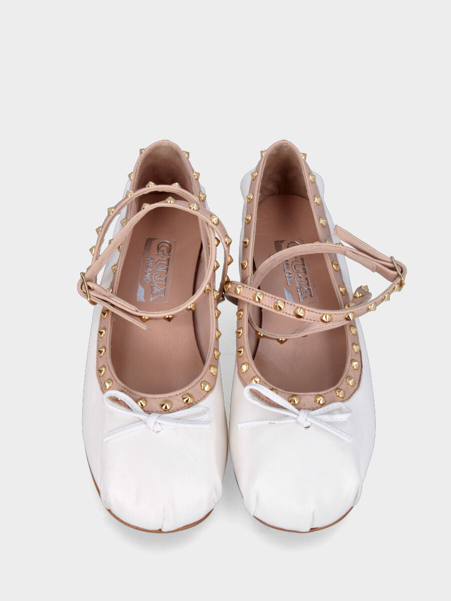 White leather ballet flat with studs and ankle strap