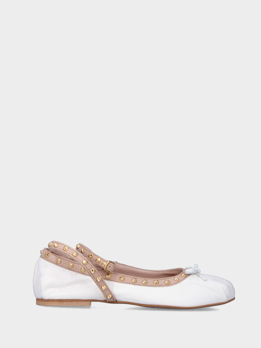 White leather ballet flat with studs and ankle strap