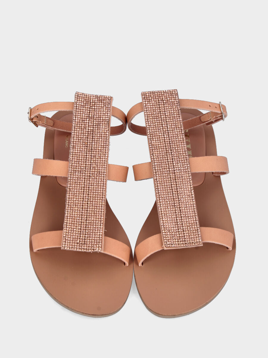 Sandalo alto nude in pelle con fascia verticale di cristalli