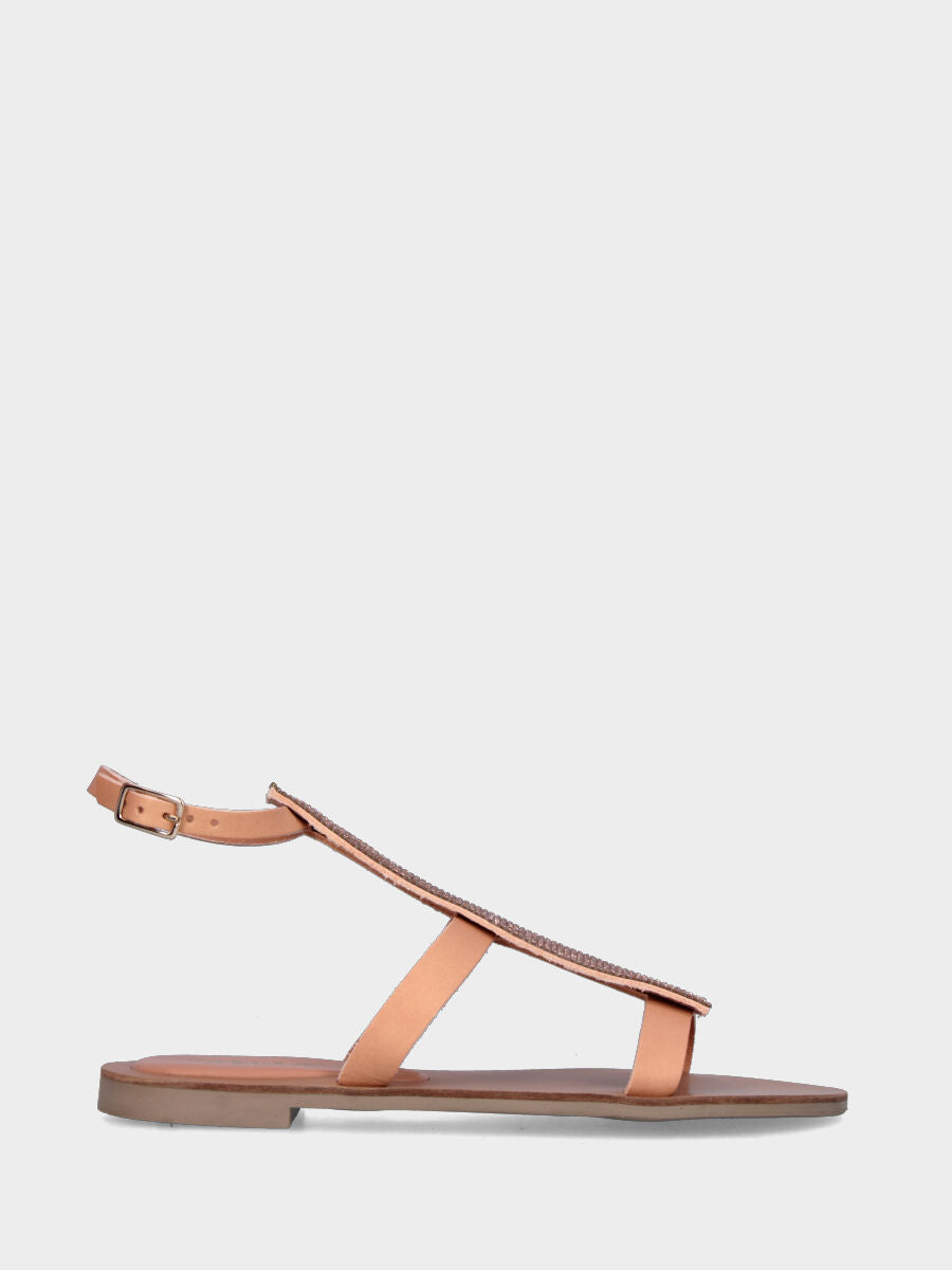 Sandalo alto nude in pelle con fascia verticale di cristalli