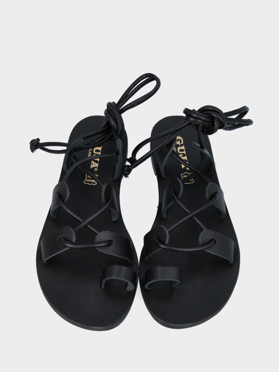 Sandalo nero in pelle con mini fascette con laccio
