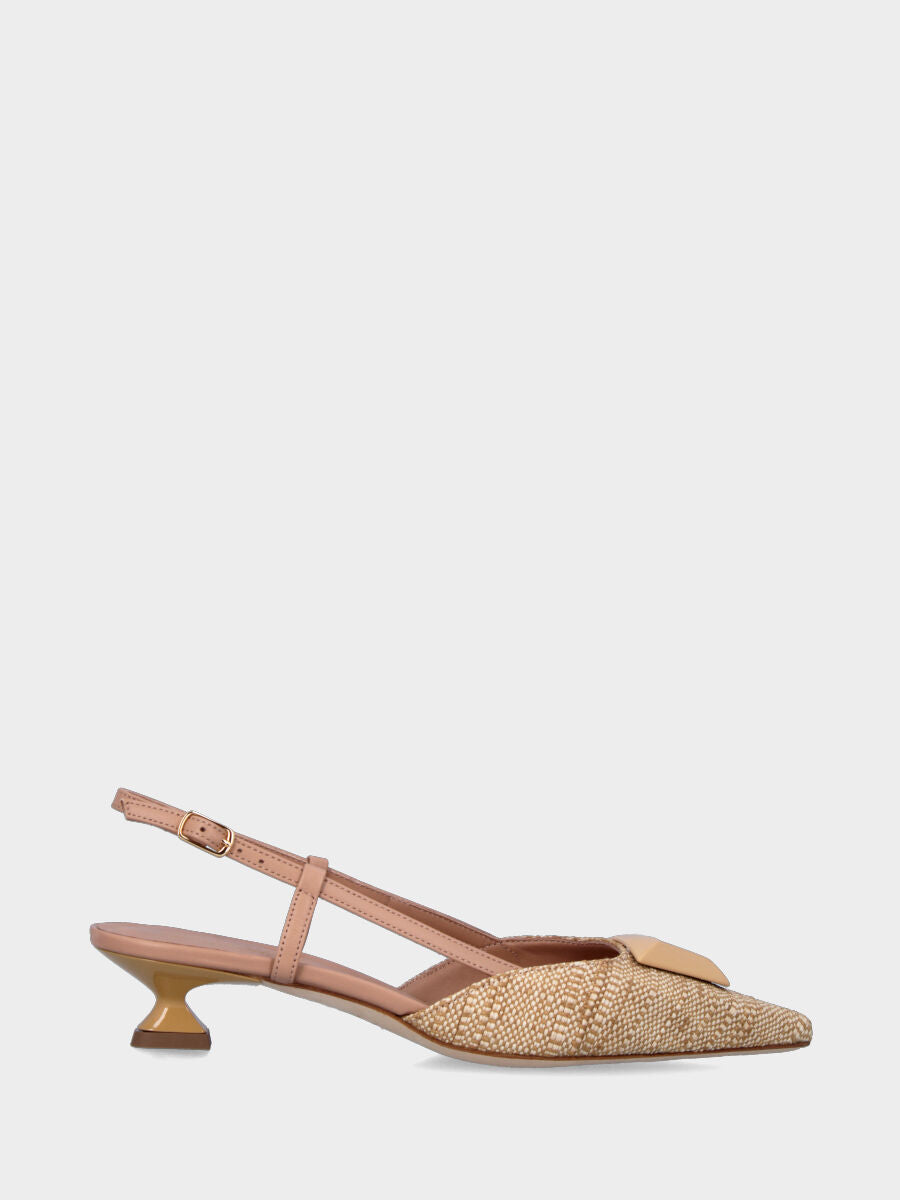 Slingback beige in tessuto con accessorio a trapezio