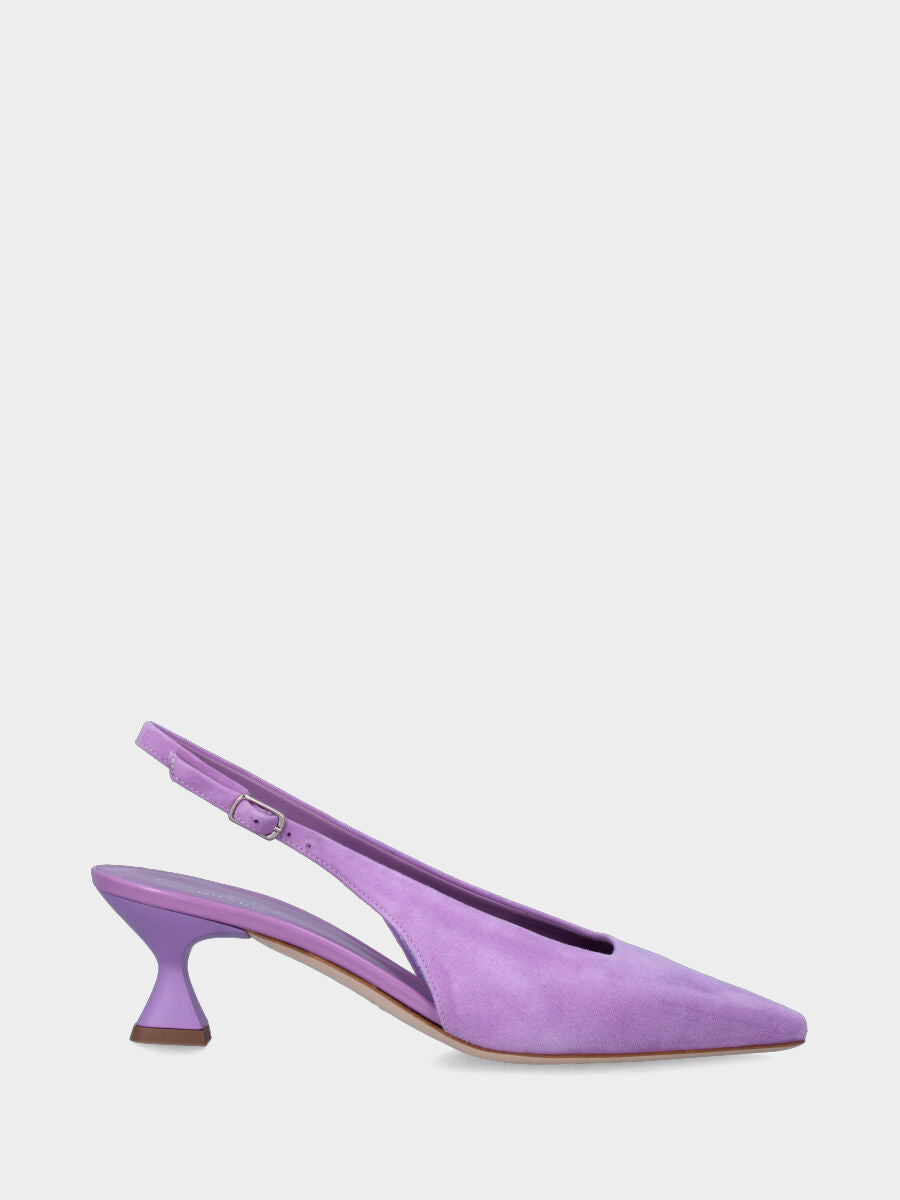 Lilac leather slingback with square neckline and chalice heel