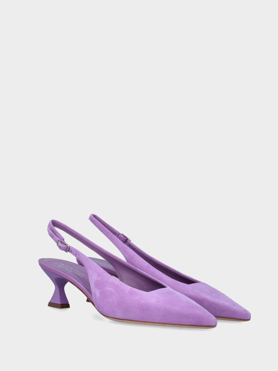 Lilac leather slingback with square neckline and chalice heel