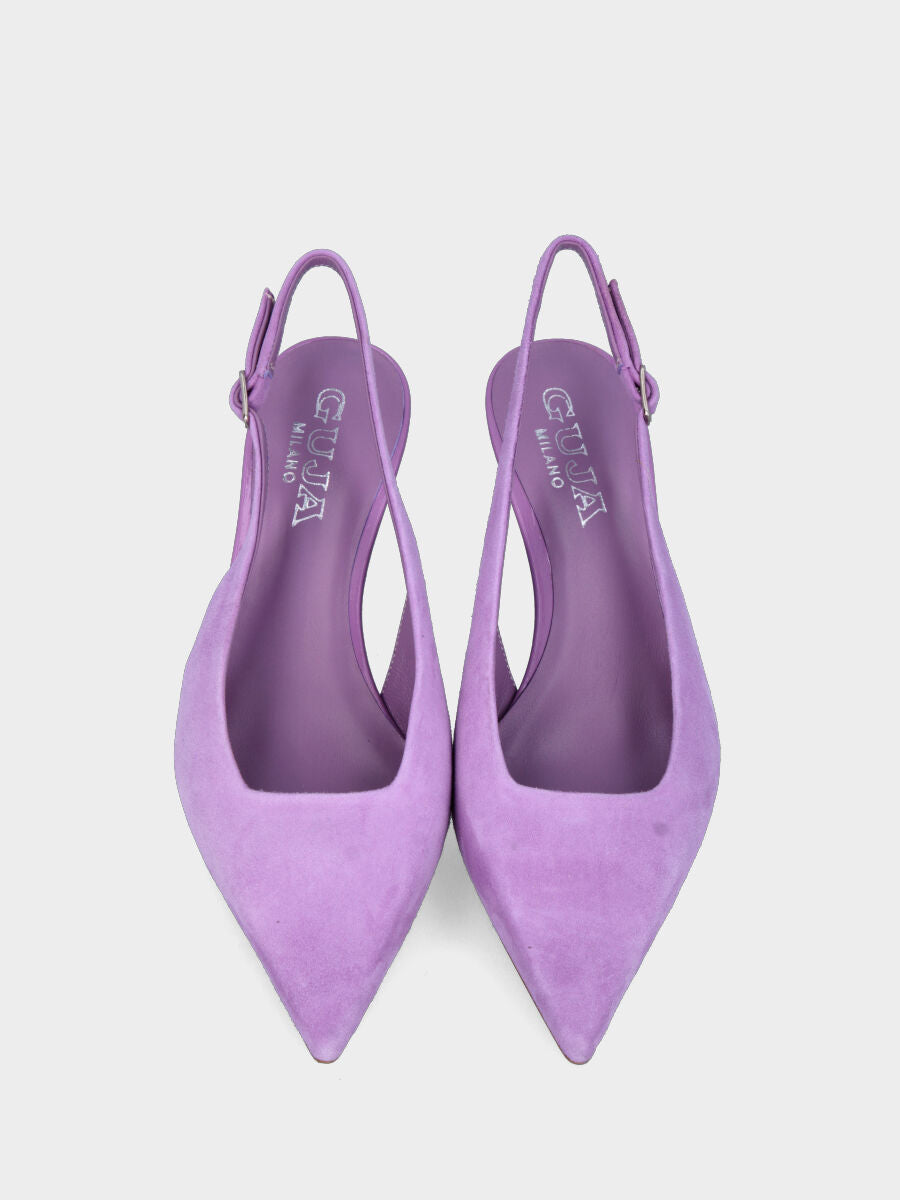 Lilac leather slingback with square neckline and chalice heel
