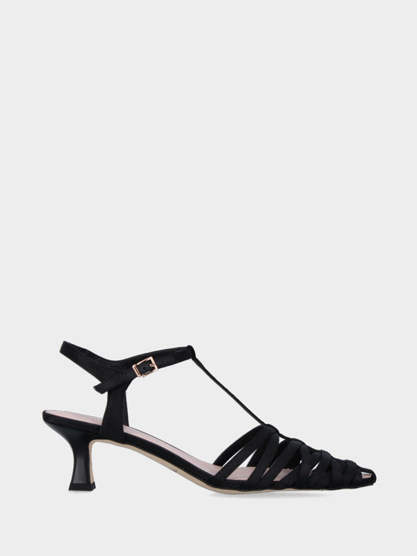 Sandalo nero in tessuto con fascetta verticale e incrociate