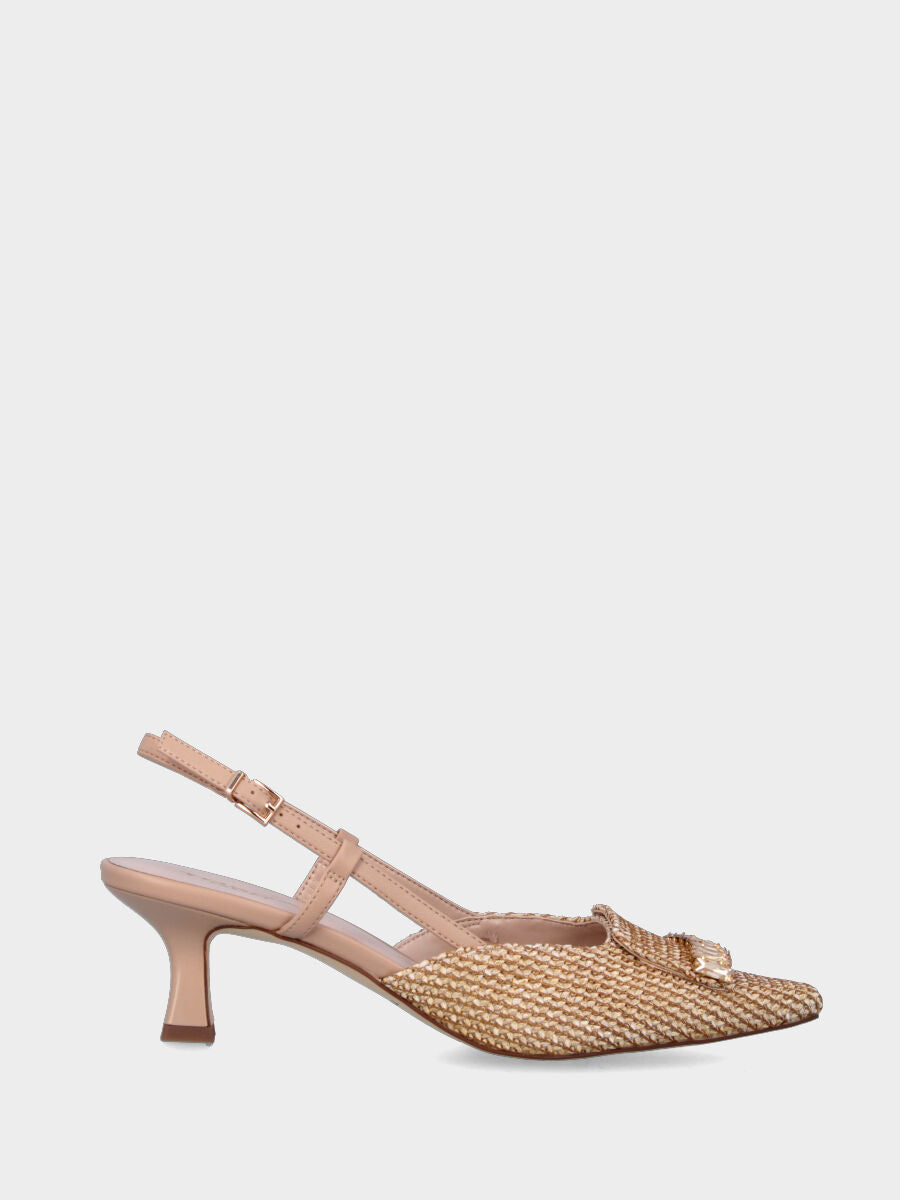 Slingback beige en tissu tressé avec barrettes de cristaux