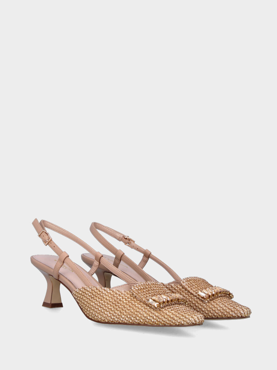 Slingback beige en tissu tressé avec barrettes de cristaux