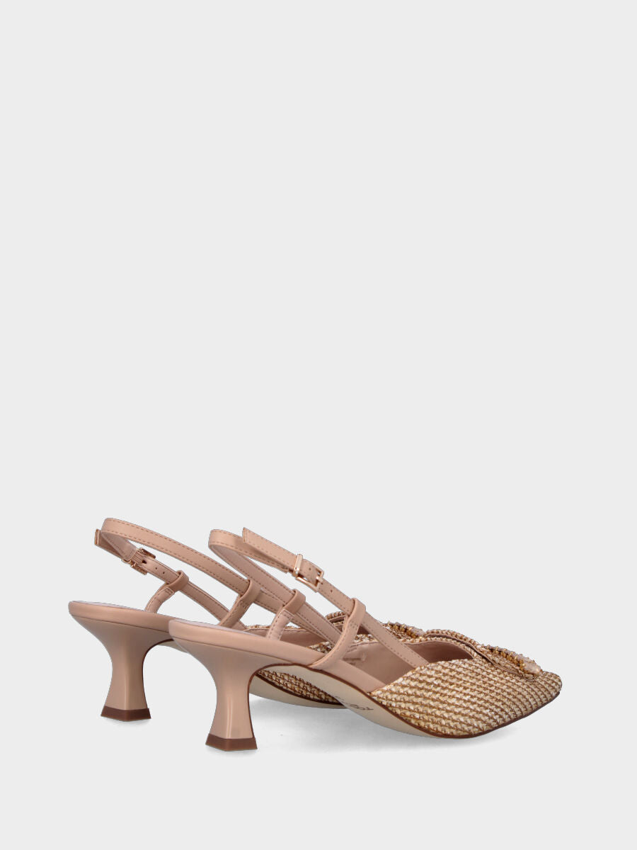 Slingback beige en tissu tressé avec barrettes de cristaux