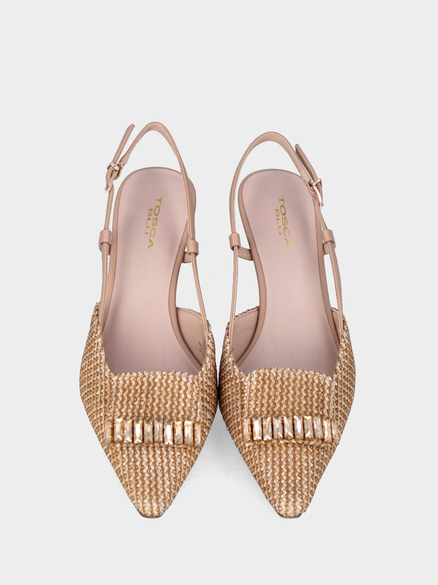 Slingback beige en tissu tressé avec barrettes de cristaux