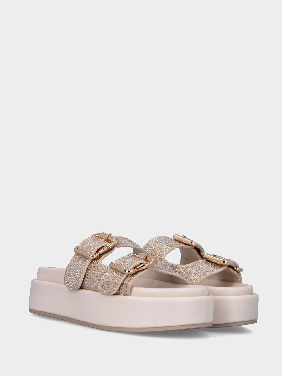 Ciabatta bianca in lurex con doppia fibbia e platform