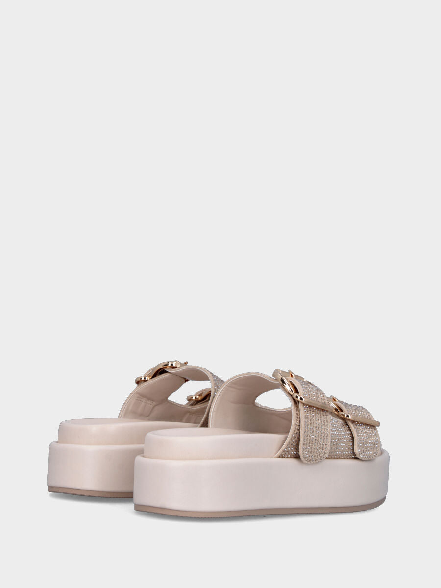 Ciabatta bianca in lurex con doppia fibbia e platform