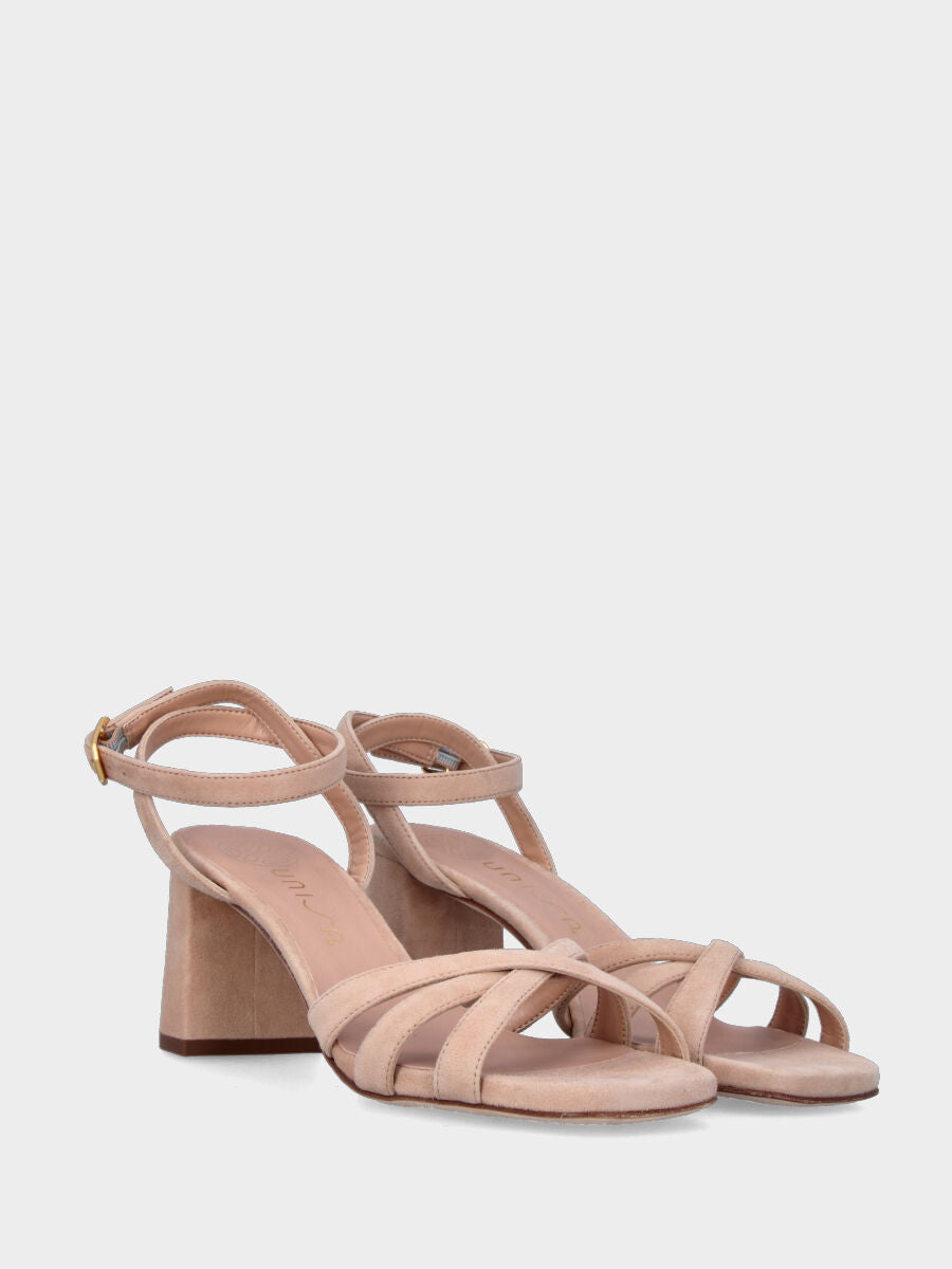 Sandalo beige in pelle con listini incrociati e cinturino alla caviglia