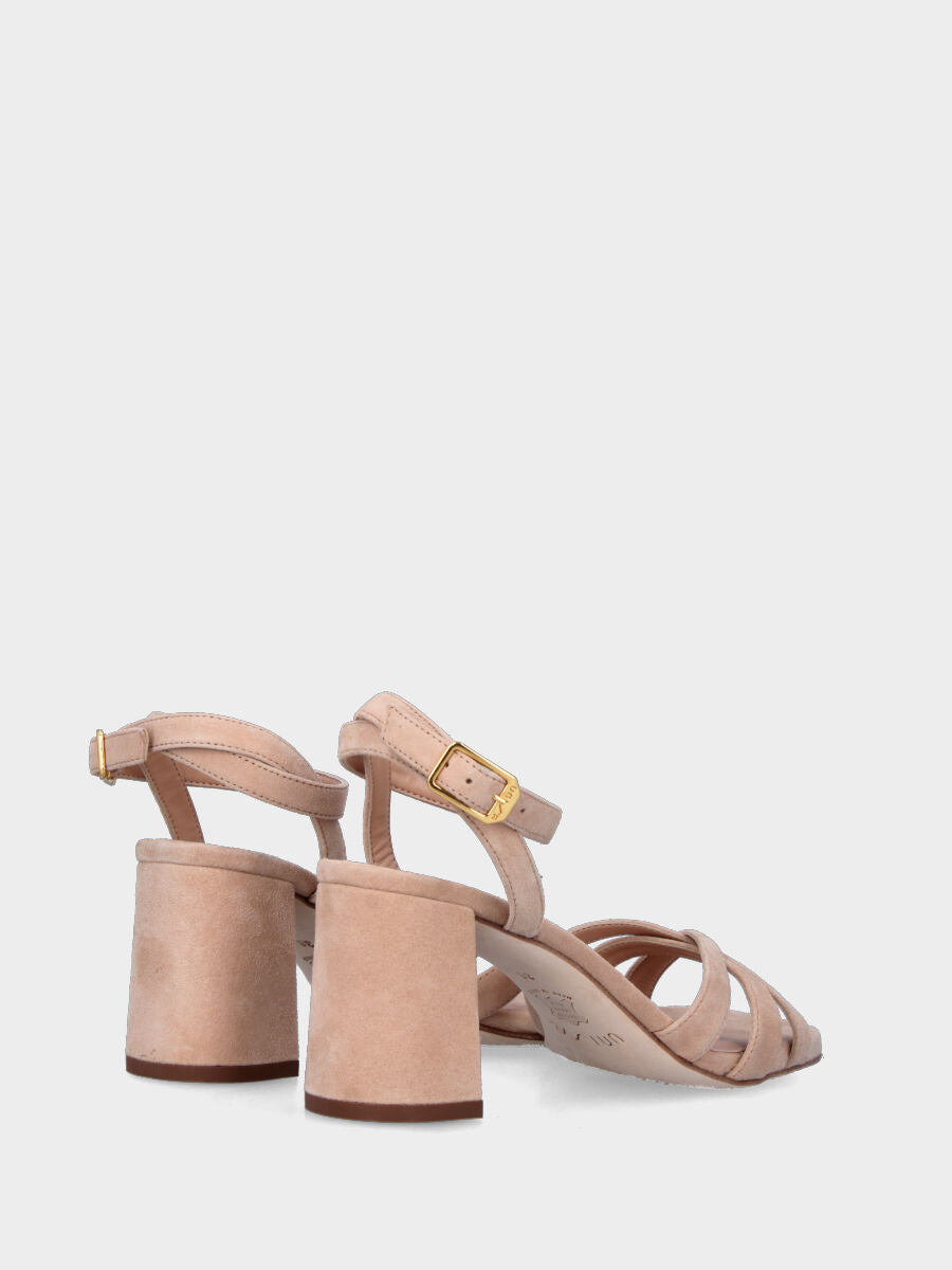 Sandalo beige in pelle con listini incrociati e cinturino alla caviglia